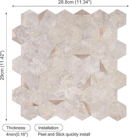 10-Sheet Hexagonal Peel and Stick Backsplash, Seamless Design Beige Stone Kitchen Backsplash Wall Tiles, Stone Surface Waterproof Stick on Tile for Bathroom, RV, Fireplace