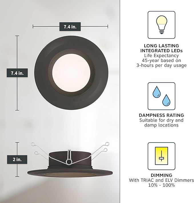 Designers Fountain LED Recessed Ceiling Light, 5/6 Inch 5CCT Metal Lighting Fixture, Dimmable, 1000 Lumens, 2700K/3000K/3500K/4000K/5000K, Bronze Baffle Trim, EVL61093T50BZ
