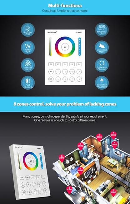 LGIDTECH B8 Miboxer 8-Zone RGB+CCT Wall Mounted Panel Controller Powered by AAA Batteries for RGB+CCT LED Bulb,Downlight,Flood Light,Controller(Except 8W,FUT037,038,039)