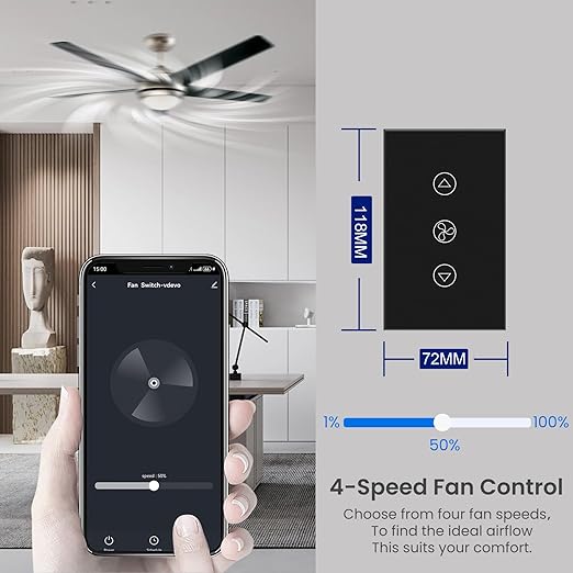 Smart Fan Switch 4.65 X 2.83 X 1.34 Inches,2.4GHz Wi-Fi Touch Switch,Neutral Wire Required,Work with Smart Life/Tuya App,Tempered Glass Panel,Black