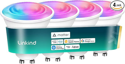 Linkind GU10 Smart Light Bulbs, 40W 470LM Color Changing Light Bulbs, Works with Alexa/Apple Home/Google Home, Dimmable(1800K-6500K), Music Sync & Light Shows, 4Pack