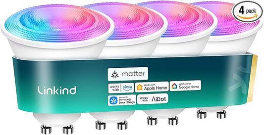 Linkind GU10 Smart Light Bulbs, 40W 470LM Color Changing Light Bulbs, Works with Alexa/Apple Home/Google Home, Dimmable(1800K-6500K), Music Sync & Light Shows, 4Pack