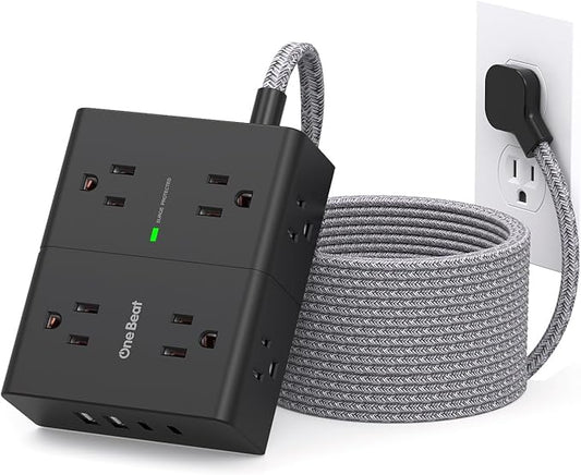 Surge Protector Power Strip 15 Ft Cord, Ultra Thin Flat Extension Cord with 8 Outlets 4 USB Ports(2 USB C), Flat Plug Power Strip, 15 Ft Long Braided Power Strip for Home, Office, Dorm Room, Black