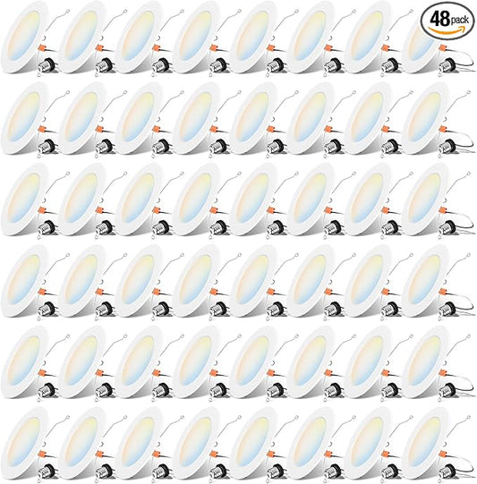 LVWIT 6 Inch LED Recessed Lighting 48 Pack, Slim Can Lights with White Cover, 5CCT Color Selectable, Dimmable Downlight with E26 Conversion Kit