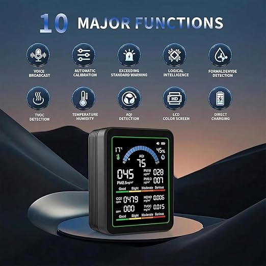 10 in 1 Indoor Air Quality Monitor, Air Tester, Portable Smartair Quality Tester for CO2 | TVOC | HCHO | Temp | AQI | PM0.3-1 Detection Suitable for Home, Cars, Plants, Pets and Hotels