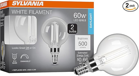 Sylvania G16.5 Clear Globe LED White Filament Bulb, 5.5W, Dimmable, 500 LMS, Candelabra Base, 5000K, Daylight - 2 Pack (42246)