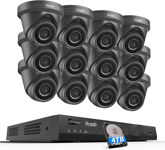 16 Channel Security Camera System 4K PoE, 12x 8MP Wired IP Black Turret Dome Camera with AI Human Vehicle Detection, Built-in Mic, Remote Access 24-7 Recording, 4K 16CH NVR 4TB HDD, PD93A31216-8M