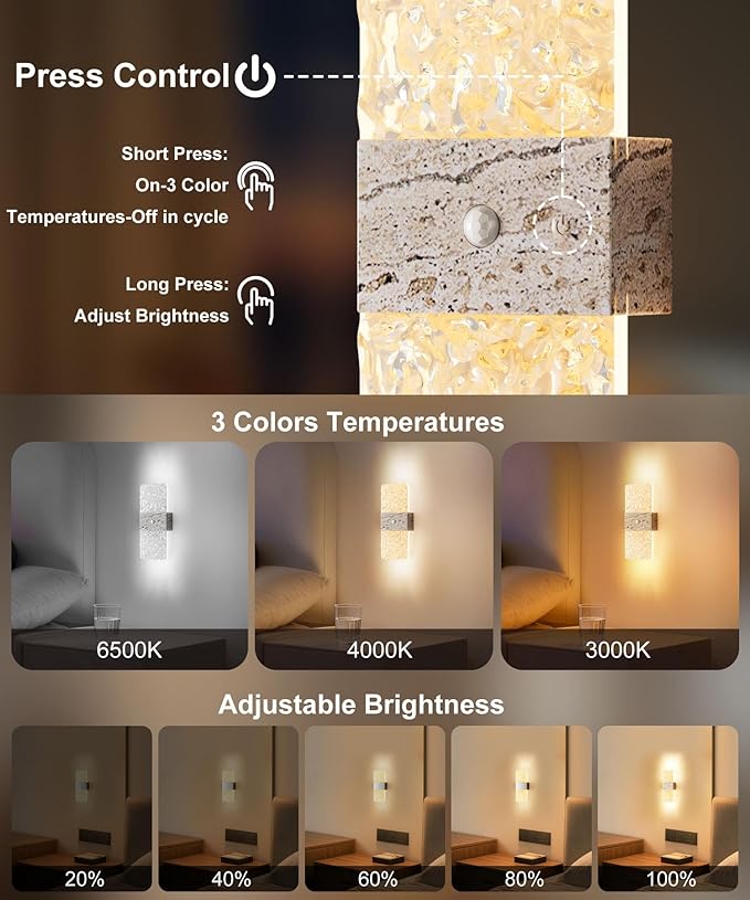Motion Sensor Light Indoor, 4 Pack 2600 mAh Rechargeable Battery Operated Wall Sconce, 0-80LM Dimmable, 3 Color, Always-On And Dusk To Dawn Motion Mode, Wireless Led Night Light, Marble Color