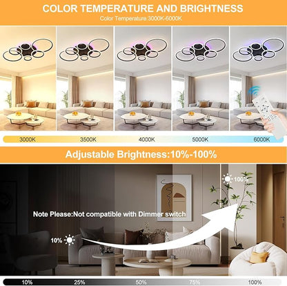 70W LED Ceiling Light, 6-Ring Black Flush Mount Fixture with Remote | Dimmable 3000K-6000K ceiling light with remote, 4200LM,RGB ambient glow,modern fixture for living room, bedroom & dining room