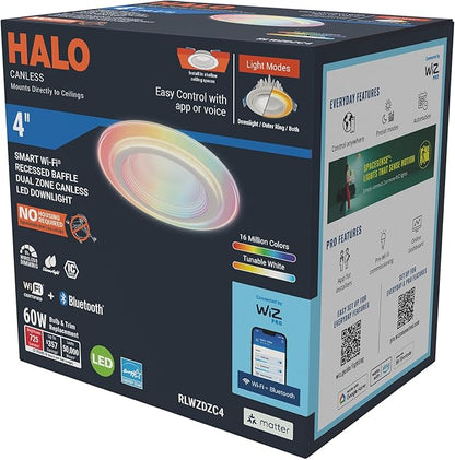 HALO 4" Dual Zone Smart Wi-Fi® Canless LED Light Powered by WiZ Pro 4-Pack, Dimmable Full Color w/SpaceSense, Smart Home Ready RLWZDZC4-4PK