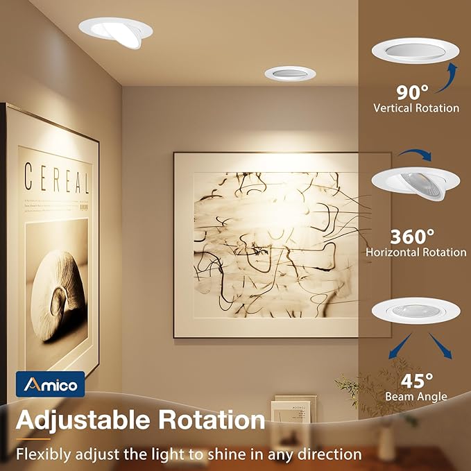 Amico 24 Pack 4 Inch 5CCT Gimbal LED Recessed Lighting, 360°&90° Adjustable Eyeball Directional Downlight, Dimmable, 2700K/3000K/3500K/4000K/5000K Selectable, CRI90+ 9W 700LM, ETL&FCC