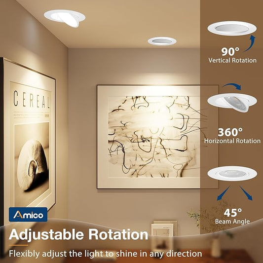 Amico 24 Pack 4 Inch 5CCT Gimbal LED Recessed Lighting, 360°&90° Adjustable Eyeball Directional Downlight, Dimmable, 2700K/3000K/3500K/4000K/5000K Selectable, CRI90+ 9W 700LM, ETL&FCC