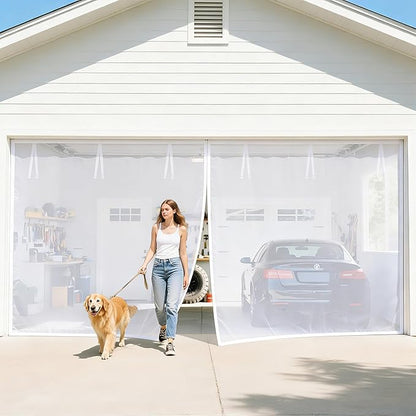 FEGO White Garage Door Screen for 1 Car 9x7FT, Magnetic Screen Doors with Retractable Fiberglass Mesh and Heavy Duty Weighted Bottom, Easy Assembly & Pass, Hands Free Screen Door for Entry Door