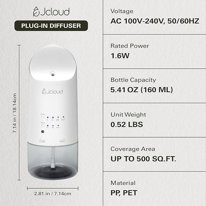 JCLOUD Plug in Diffuser Covers Up to 500 Sq. Ft. for Home, Office, Spa – Waterless Scent Diffuser Starter Kit with Royal Serenity Essential Oil Inspired by Luxury Hotel 140mL, White