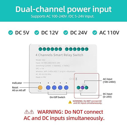 4 Channels Smart Relay Switch with Dry Contact, WiFi Bluetooth APP Control Module for Lights/Appliances, Voice Automation with Alexa & Google Home, 10A per Channel, AC110V/DC5V 12V 24V Compatible