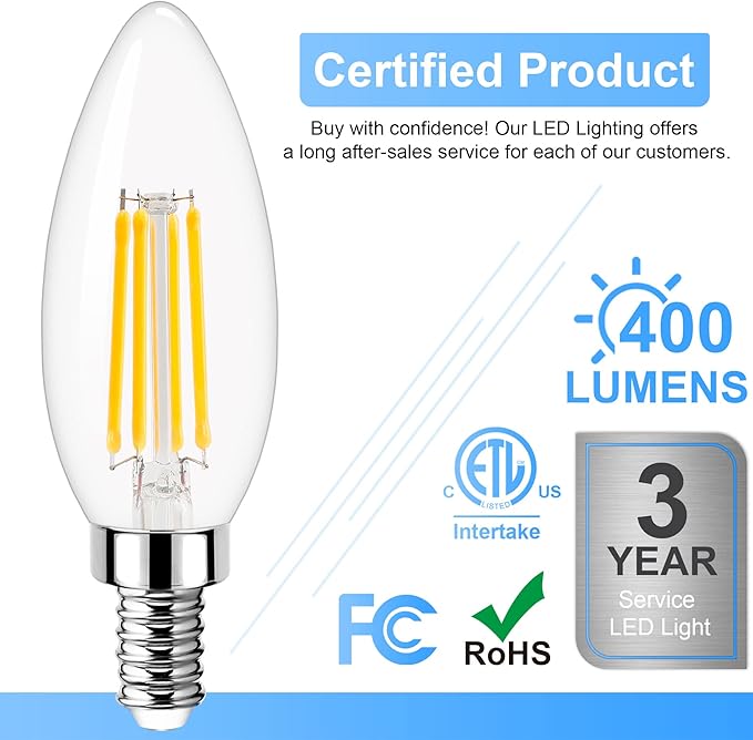 GOLSPARK Dimmable E12 LED Bulb 40W Equivalent, 4000K Natural Daylight Candelabra LED Light Bulbs 4W, 400LM, CRI 85+, Type B Bulb, Clear Filament Candle Light Bulbs for Chandelier Ceiling Fan, 6 Pack