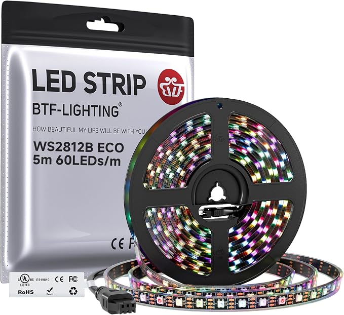 BTF-LIGHTING WS2812B ECO RGB LED Strip,UL Listed,Individually Addressable,16.4FT 60LED/m 300Pixel DC5V 5050SMD,Alloy Wire Flexible for DIY Chasing Color Project IP67(No Adapter or Controller)