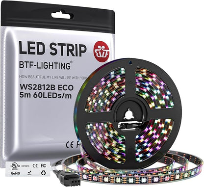 BTF-LIGHTING WS2812B ECO RGB LED Strip,UL Listed,Individually Addressable,16.4FT 60LED/m 300Pixel DC5V 5050SMD,Alloy Wire Flexible for DIY Chasing Color Project IP67(No Adapter or Controller)