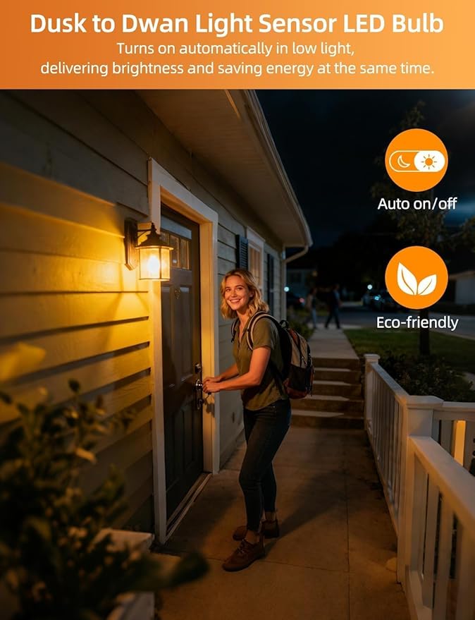 HEKEE Dusk to Dawn Light Bulbs A19 8W 900 Lumens, Outdoor Porch Lights, 60 Watt Equivalent, Amber LED Orange-Yellow Sensor Bulb, Security Bulb(Auto On/Off), E26 Screw Base(4 Pack)