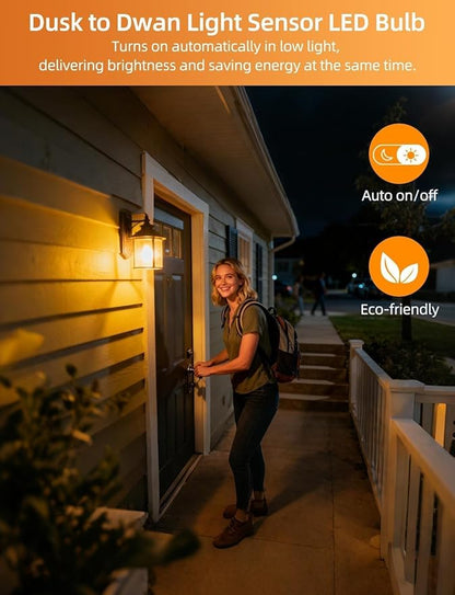 HEKEE Dusk to Dawn Light Bulbs A19 8W 900 Lumens, Outdoor Porch Lights, 60 Watt Equivalent, Amber LED Orange-Yellow Sensor Bulb, Security Bulb(Auto On/Off), E26 Screw Base(4 Pack)