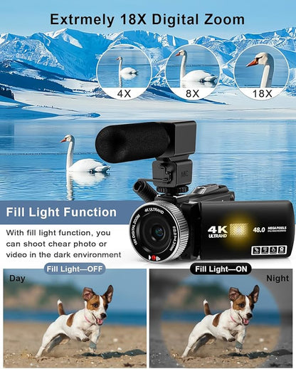 Video Camera Camcorder Full HD 4K 48MP Vlogging Camera for YouTube Digital Camera Recorder Video Camera for Filming with 3.0" Touch Screen,2 Batteries and 32G SD Card