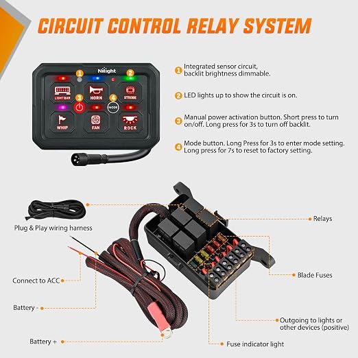 Nilight 6 Gang Switch Panel Green 12V 60A Circuit Control System 4-Mode | Fuse Wiring Harness Automatic Dimmable LED Pod Toggle/Momentary/Strobe/Flash Modes for Car Pickup Truck Camper SUV