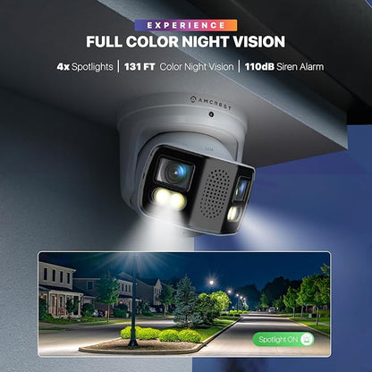 Amcrest Dual-Lens 4K (8MP) Outdoor Security POE Camera, 2 x 4MP Lenses PoE AI Turret IP Camera, 131ft Night Color, Human/Vehicle Detection, Panoramic 180° FOV, 2 x 4MP@25fps IP8M-FCT2999EW-AI (White)