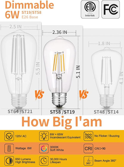 Dimmable Edison Bulbs, 6W 65W 650LM 3000K Soft White, ST58 = ST19 Vintage LED Light Bulb, 90+ CRI, E26 Medium Base, Clear Glass Style for Living Room, Bedroom, Home Decor, 10 Pack