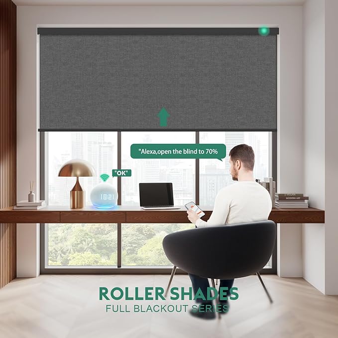Motorized Blinds with Remote [100% Blackout & Silent Motor] Smart Blinds Compatible with Alexa Google HomeKit, Electric Roller Shades for Indoor Windows, Customized Size, Mist Dark Grey