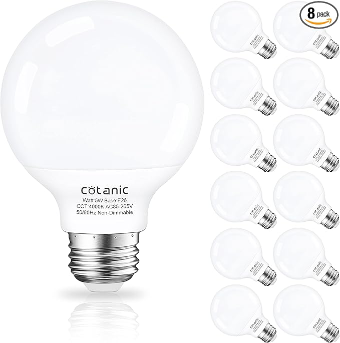 Cotanic G25 LED Globe Light Bulbs,E26 Standard Base,5W,60 Watt Incandescent Equivalent,500LM,Non-Dimmable, 12 Pack Vanity Light Bulb for Bathroom 4000K Daylight