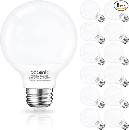 Cotanic G25 LED Globe Light Bulbs,E26 Standard Base,5W,60 Watt Incandescent Equivalent,500LM,Non-Dimmable, 12 Pack Vanity Light Bulb for Bathroom 4000K Daylight
