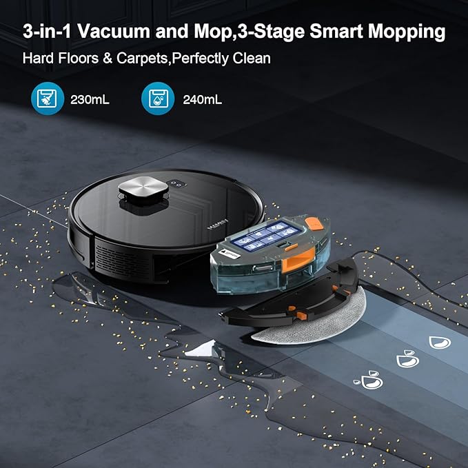 Robot Vacuum and Mop, 11500 Pa Suction, 3-in-1 Robotic Vacuum with Smart LiDAR Navigation, 90 Day Self-Emptying,160 Min Runtime,App/Alexa/Voice Control, Ideal for Pet Hair, Carpet & Hard Floor