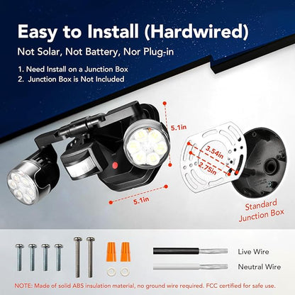 OREiN Outdoor Motion Sensor Security Light, 450° Adjustable 3-Head Floodlight, 2500 Lumens Bright Hardwired Dusk to Dawn Light, IP65 Waterproof, Black