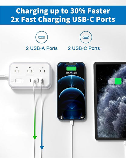 10 ft Flat Extension Cord, Flat Plug Power Strip with 6 Outlets 4 USB Ports, Wall Mounted Outlet Extender, Overload Protection for Indoor, Home, Office Supplies, Dorm Room Essentials