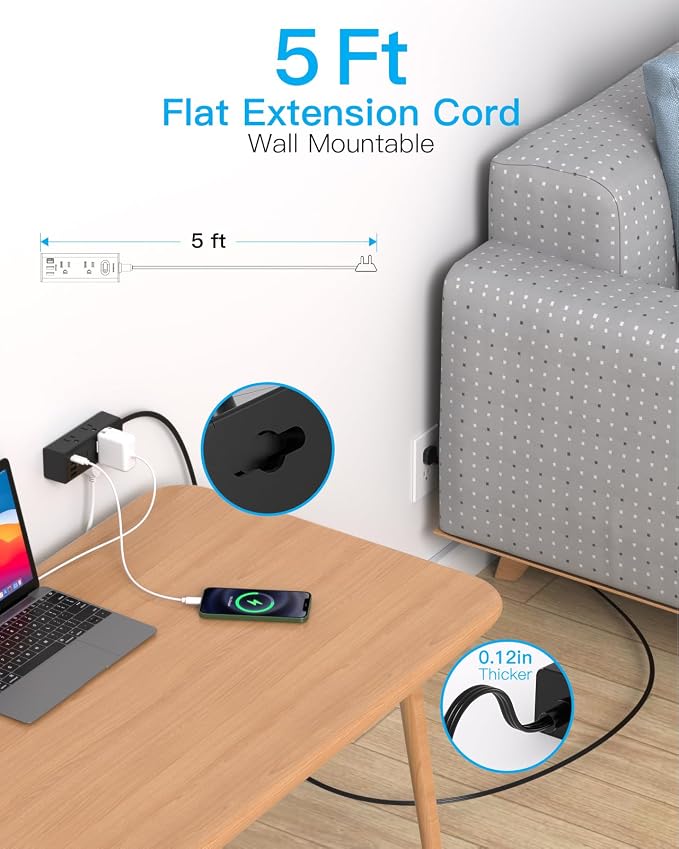 5Ft Extension Cord with Multiple Outlets, Flat Plug Power Strip Surge Protector with 5 Ft Long Cord, 6 Outlet 4 USB Ports (2 USB C), Multi Outlet Wall Plug for College, Dorm Room Essentials(Black)
