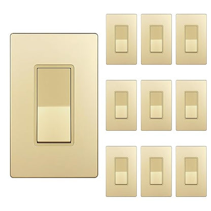 ENERLITES Elite Series Decorator Rocker Light Switch, 15A 120V/277V, Single Pole, Grounding Screw, Residential Grade, UL Listed, Wall Plates Included, 91150-GDWP-10PCS, Gold (10 Pack)