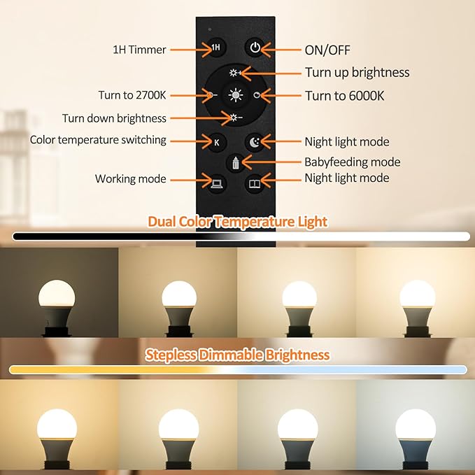 Brilvibera A19 LED Light Bulbs, E26 Dimmable Bulb with Remote Control, Warm White 2700k-6000K, 35000+ Hours Lifespan, Edison Dimmable LED Bulb for Floor Lamp, Desk Lamp, Pendant Light