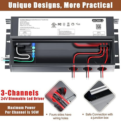 288W Dimmable LED Driver 24V with Junction Box,Triac ELV/MLV LED Transformer Compatible with Lutron&Leviton Switches,Dimmable Power Supply for Indoor/Outdoor Lights,UL&FCC-Listed