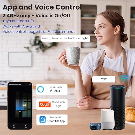 Smart Switch Aluminum Frame,2.5D Glass Panel,4.65 X 2.83 X 1.26 Inches,Need Neutral Wire,2.4GHz WiFi,Work with Tuya/Smart Life,App/Voice Control,White 1 Button