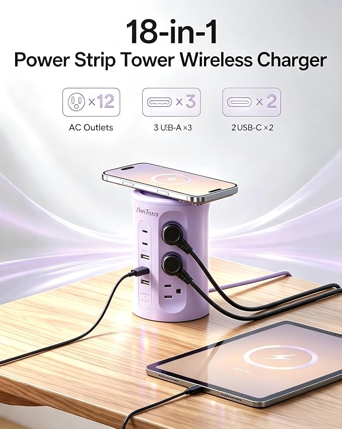 Power Strip Tower with USB Ports, 6.5 FT Extension Cord with Multiple Outlets (12AC+3A+2C) for Home Office Desk College Dorm Room Supplies