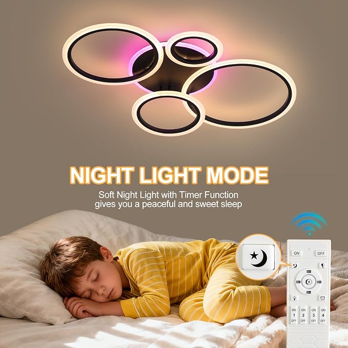 Modern LED Ceiling Light, 50W 4 Ring Flush Mount RGB Fixture | Black Ceiling Light Fixture with Remote, Dimmable 3000K-6000K, 10%-100% Brightness, RGB Backlight for Bedroom Living Room