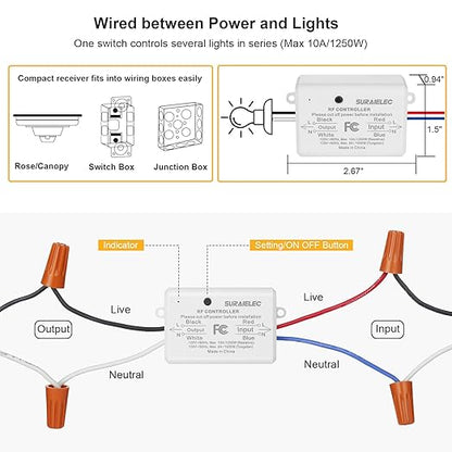 SURAIELEC 3 Way Wireless Light Switch, No Wiring, No WiFi, 100ft RF Range, Pre-Programmed, Expandable Wireless Wall Switch and Receiver Kit, Remote Control Light Fixture for Lamp, Ceiling Light, Fan