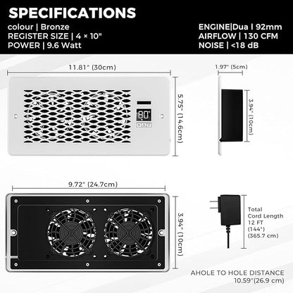 Built-in Register Booster Fan with Cover for Air Heat Vent with Fan, Fits 4"x10" Duct/Ceiling/Floor Vents, Improves AC & Heating/Cooling, Quiet 10-Speed Household/Bedroom Ventilation