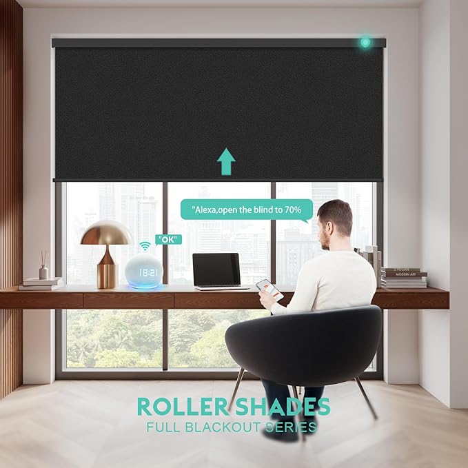 Motorized Blinds with Remote, Blackout Smart Automatic Electric Blinds for Windows Compatible with Alexa Homekit, Cordless Indoor Motorized Roller Shades with Custom Size（Midnight Shimmer）