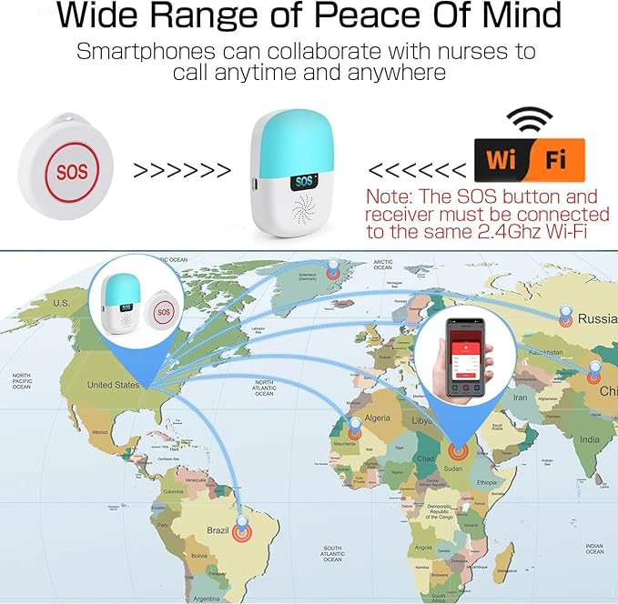 WiFi Caregiver Pager Wireless, Issufel Smart App Emergency Life Alert System Fall Call Button for Elderly Home Patients Disabled Pregnant Woman Seniors 1 Receiver+1 Call Button(2.4GHz Wi-Fi Only)