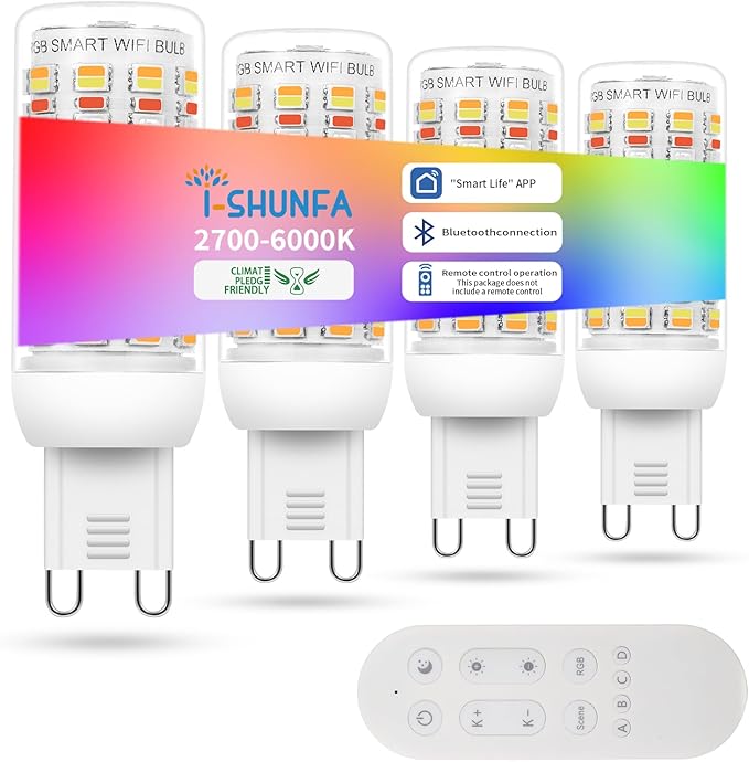 I-SHUNFA Smart G9 RGBCW LED Bulbs, App & Remote Control, AC 120V, 2700K-6500K + 16M Colors, Dimmable 1%-100%, 4W 400LM, Music Sync, Timer