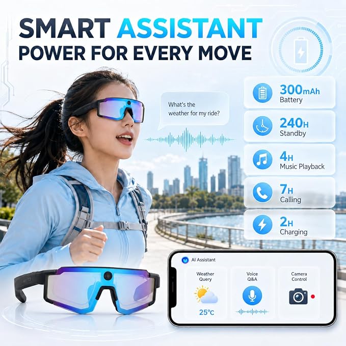 AI Smart Glasses with Camera, 1080P Video Recording Sunglasses, ChatGPT Voice Assistant, Dual Mic ENC & Bone Conduction Open-Ear Audio, 139 Languages Translation for Cycling Travel, 300mAh