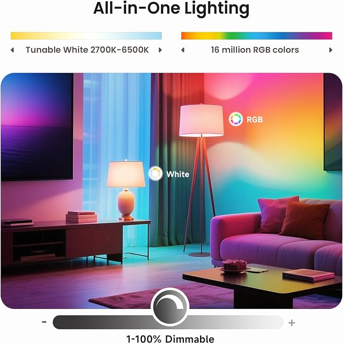 TREATLIFE Smart Light Bulbs 4 Pack, 2.4GHz Color Changing Light Bulb, Works with Alexa Google Home, A19 E26 Dimmable LED Light Bulb 9W 800 Lumen for Party Decoration, Smart Home Lighting