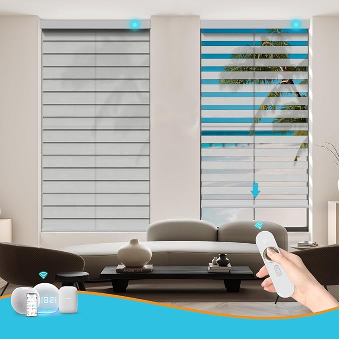 Motorized Zebra Blinds with Remote, Work with HomeKit Alexa, Smart Light Filtering Horizontal Automatic Electric Window Shades for Home Office Customsize(55% Blackout Grey)