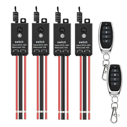 12v Remote Control Switch,4 Way Mini Wireless Switch,DC 12V/24V/48V/10A Relay with 328FT Long Range, Wireless RF Switch for Car,Lamps,LED Lights,Fans(2 Remote Controls,4 Receivers)